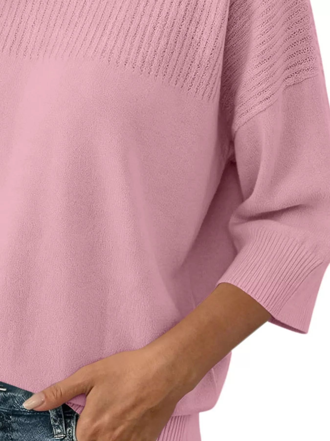 Trendsi Elegant Crew Neck Eyelet Ribbed Sweater -