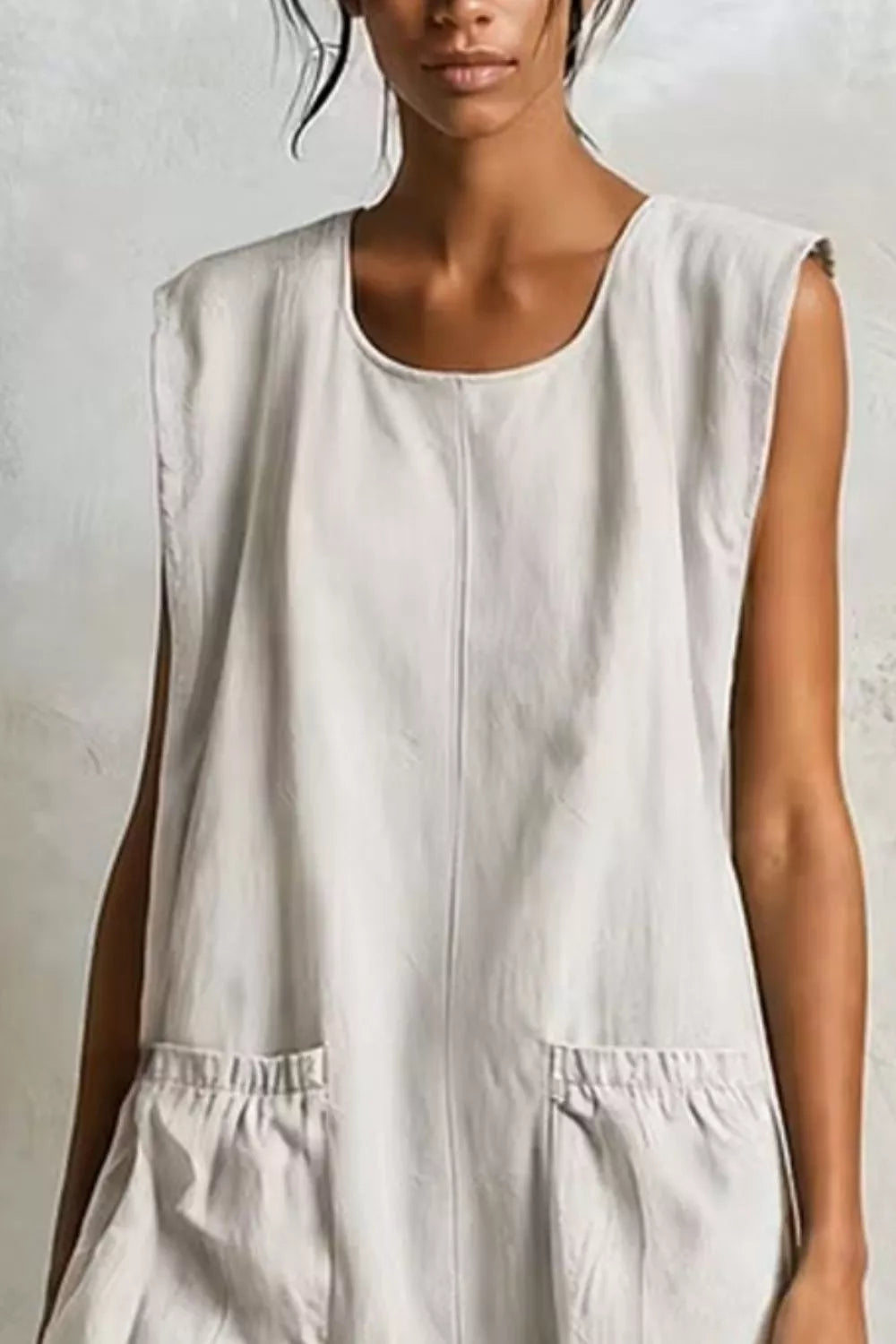 White and brown ruffled-hem sleeveless dress, neckline detail