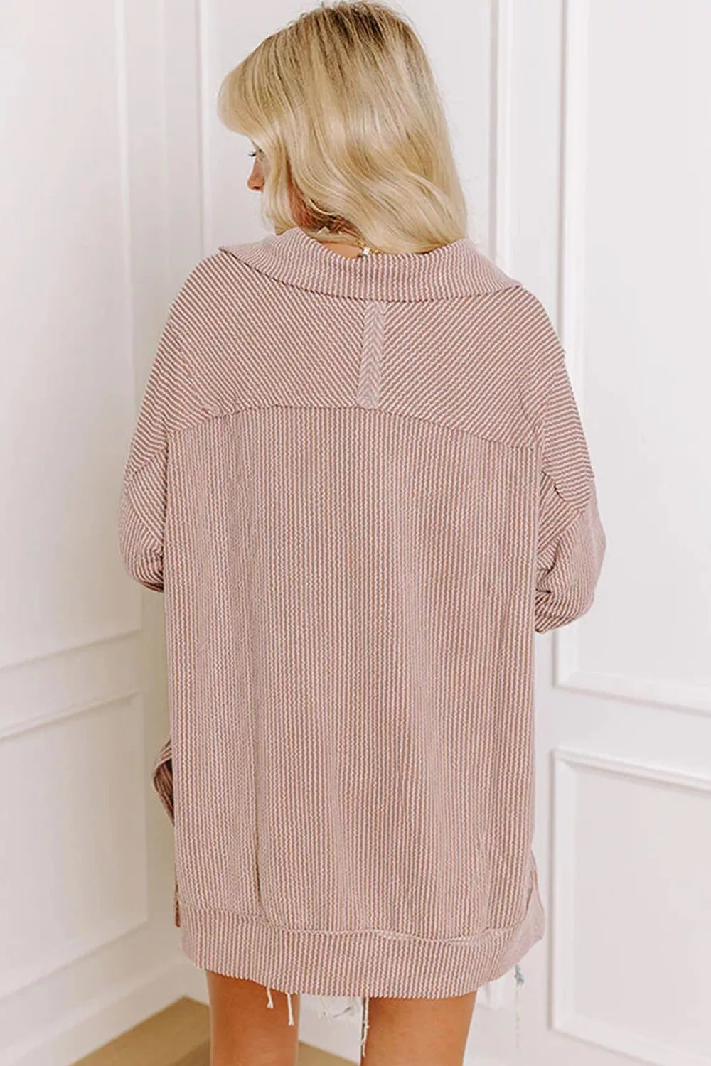 Trendsi Twist Ribbed Zipper Collar Drop Shoulder Long Sleeve Top -