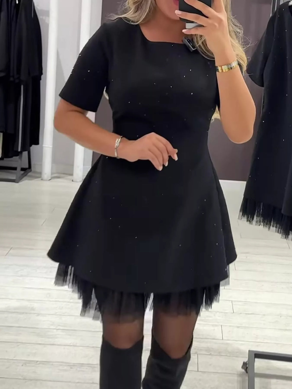 Black rhinestone a line mini dress with tulle hem, front view