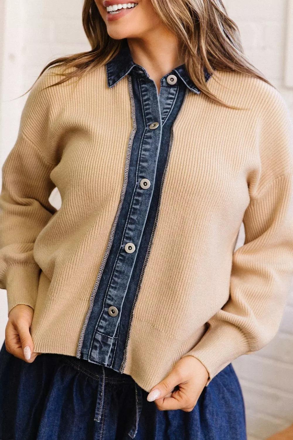 Trendsi Drop Shoulder Placket Paneling Shirt Collar Long Sleeve Cardigan -