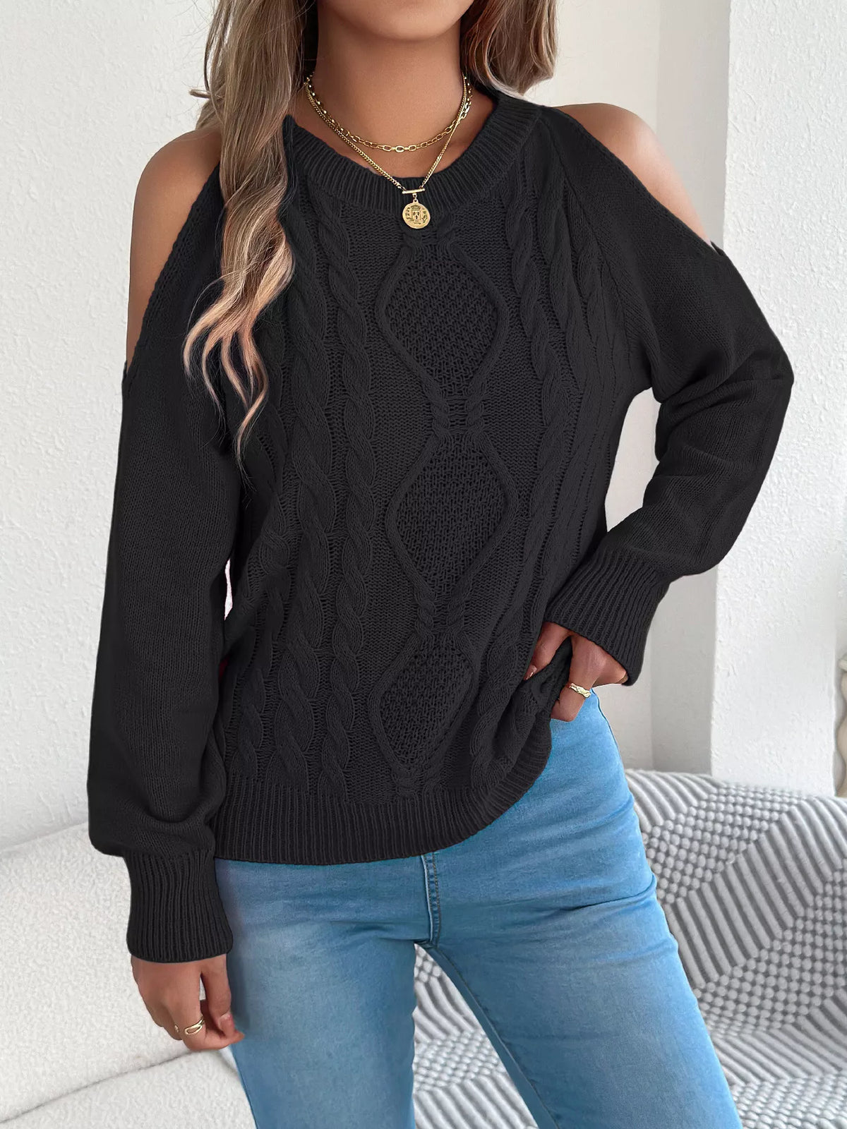 Black cold shoulder cable knit sweater