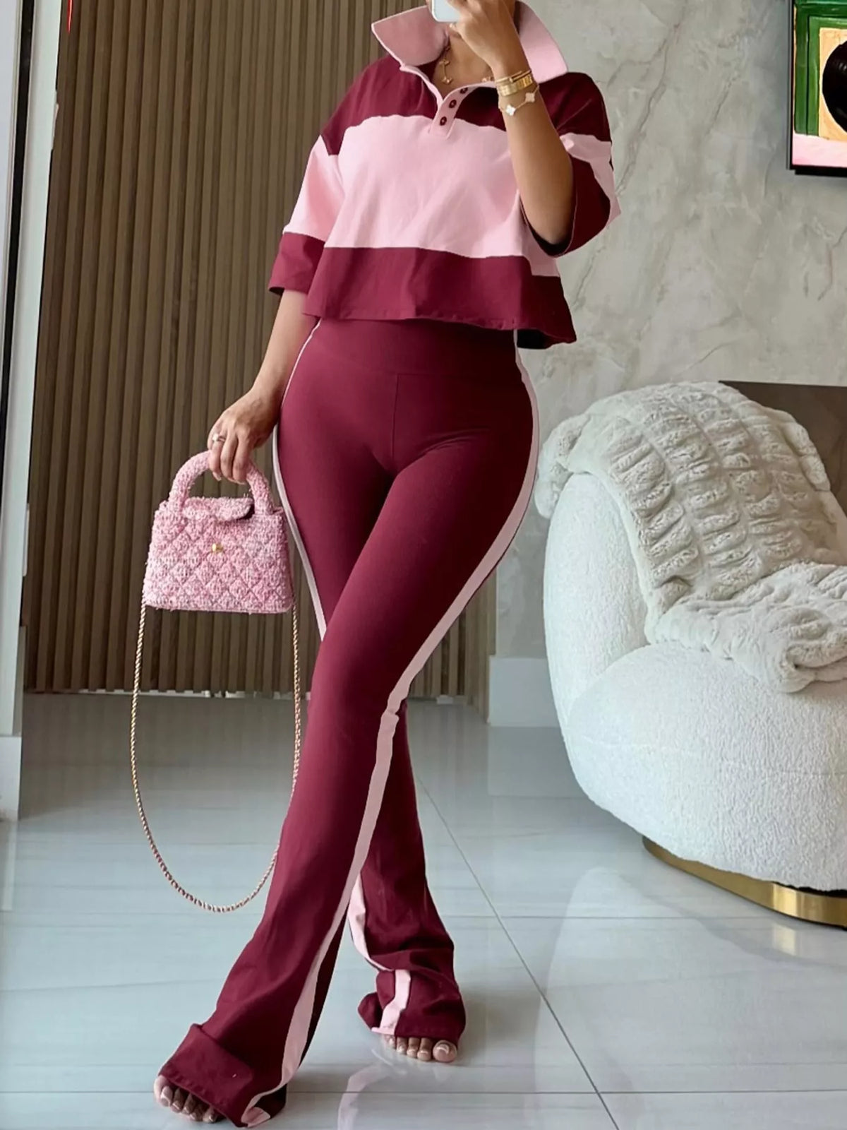 Color-Block Polo Collar Crop Top and Pants Two-Piece Set in burgundy and pink