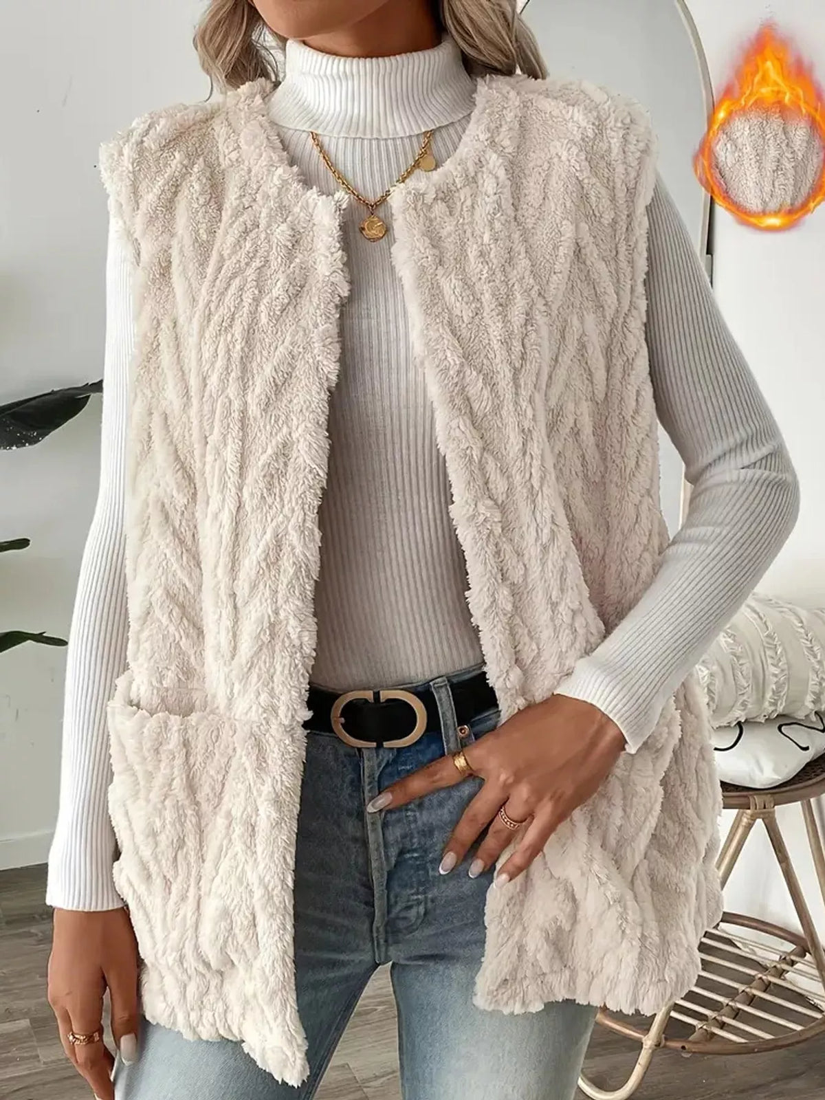 Cream sherpa open front vest coat