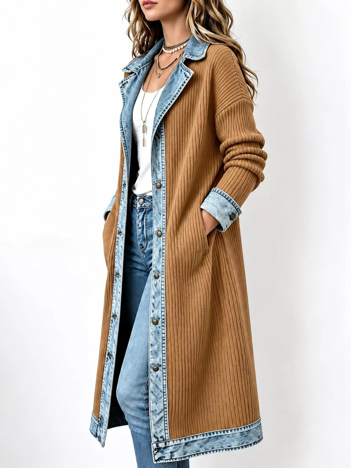 Dark Brown Real Denim denim-trimmed ribbed knit longline cardigan
