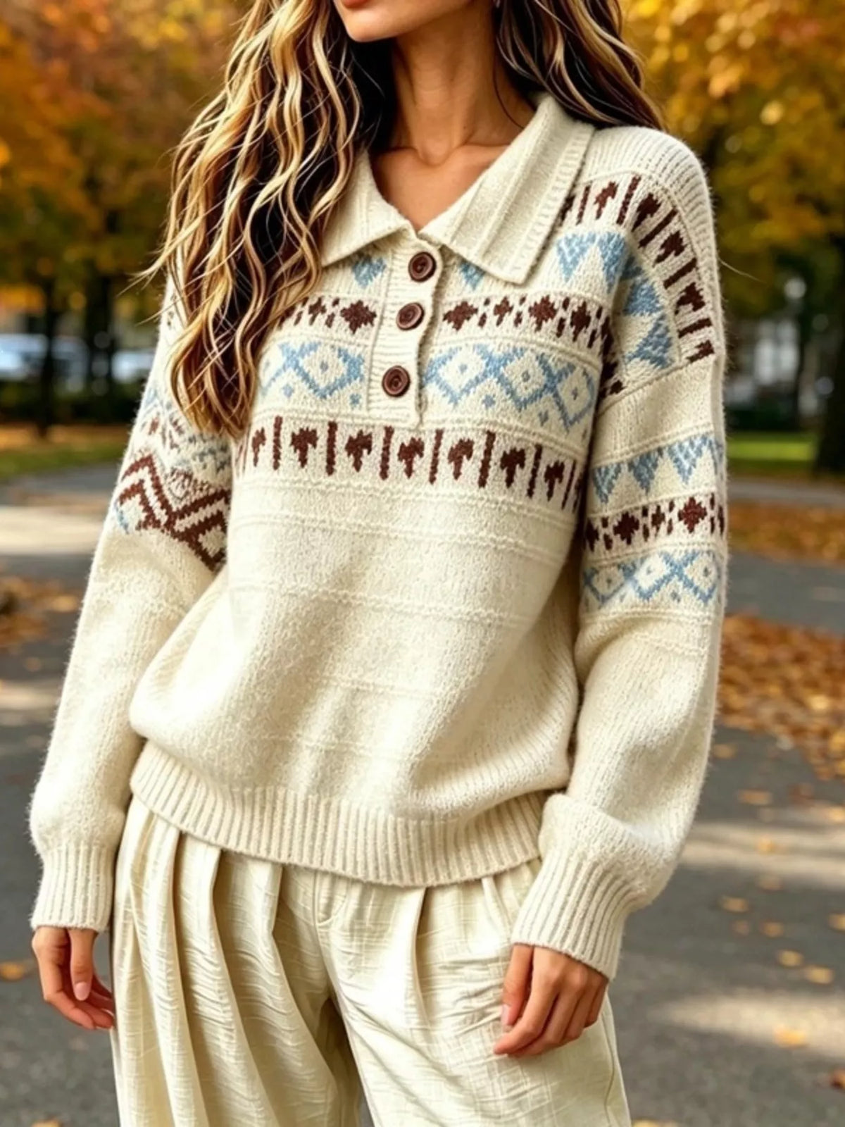 Cream fair isle pattern polo collar sweater