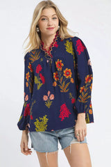 Trendsi Umgee Flower Print Blouse with Scalloped Neckline -