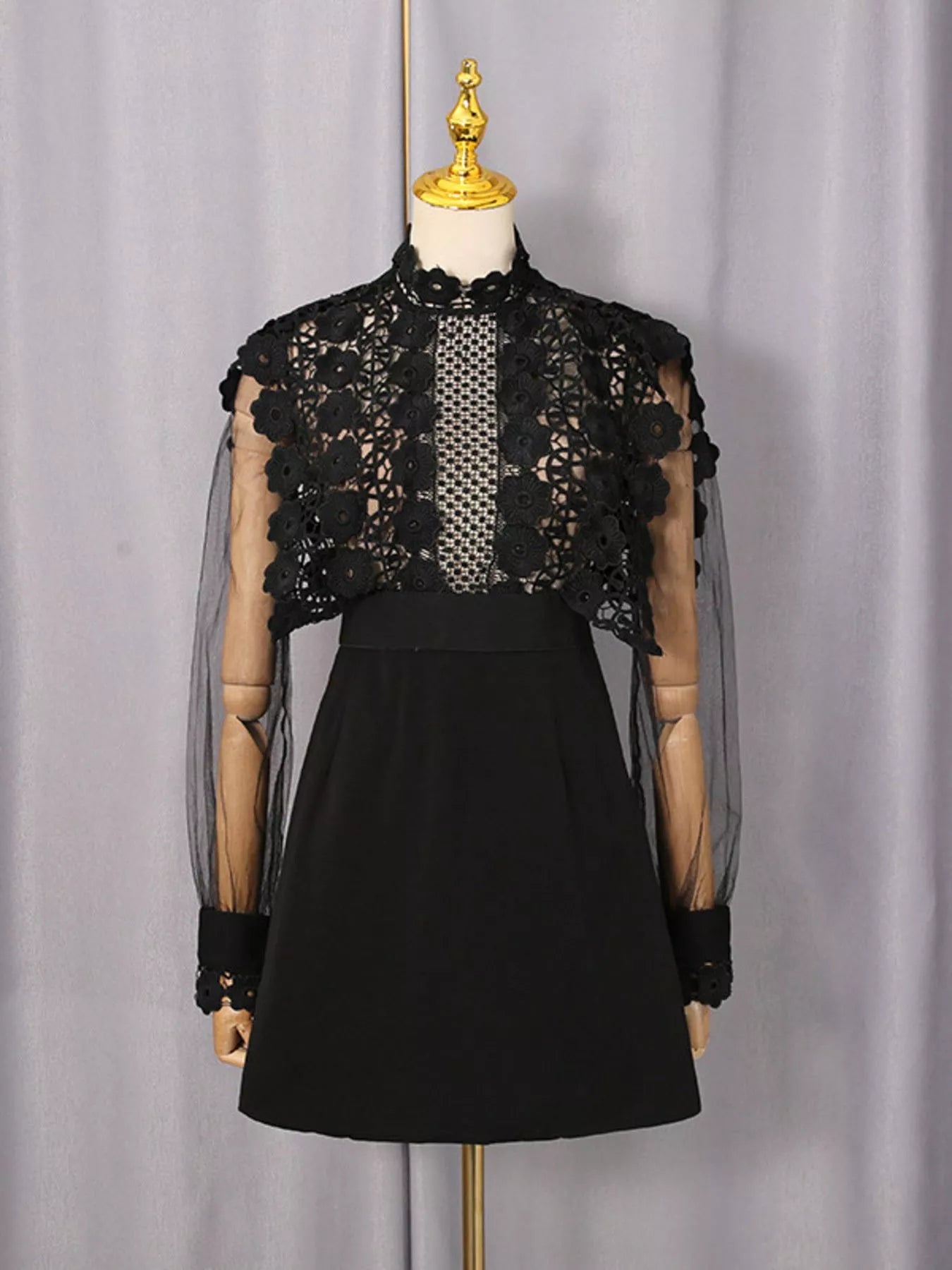 Trendsi Lace Sheer Sleeve Mini Dress -
