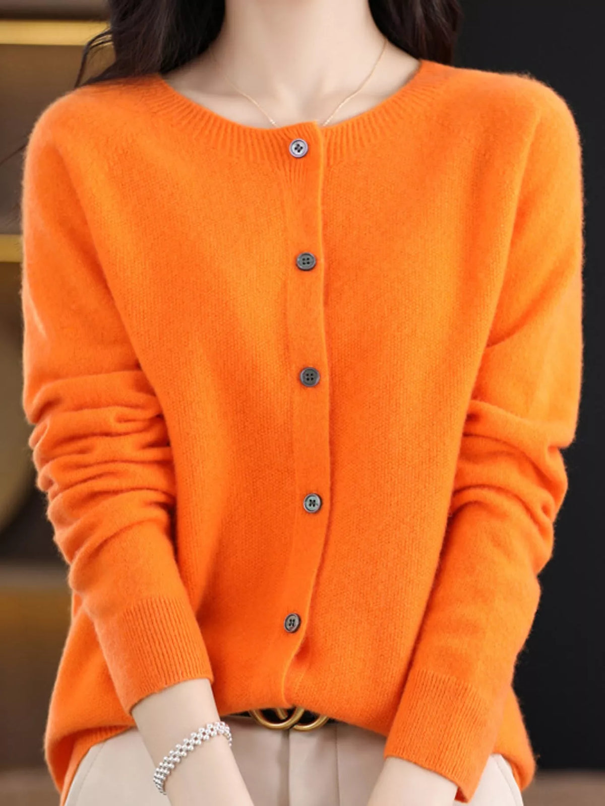 Round neck long sleeve cardigan, front view on model