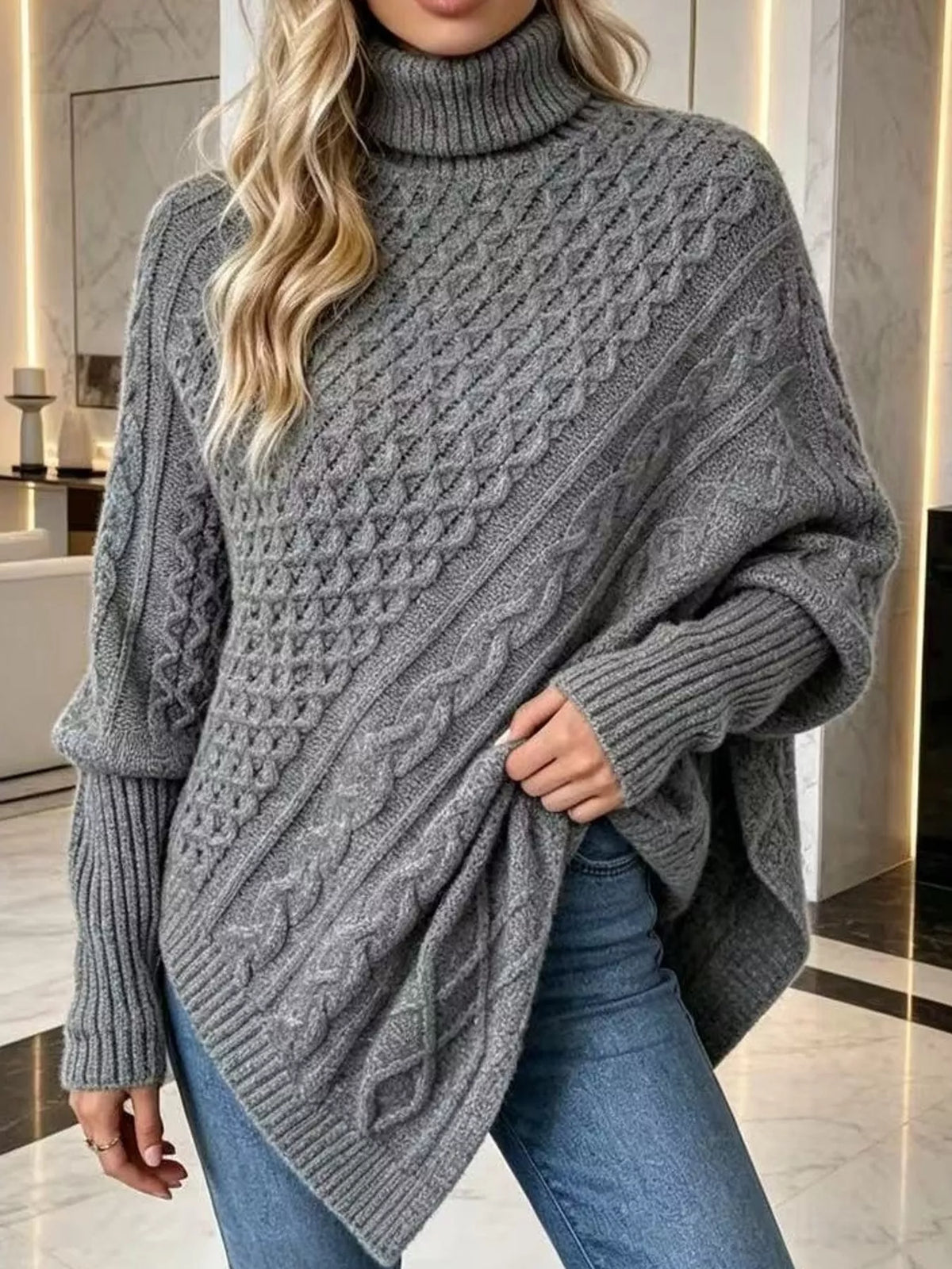 Turtleneck Cable Knit Sweater in gray