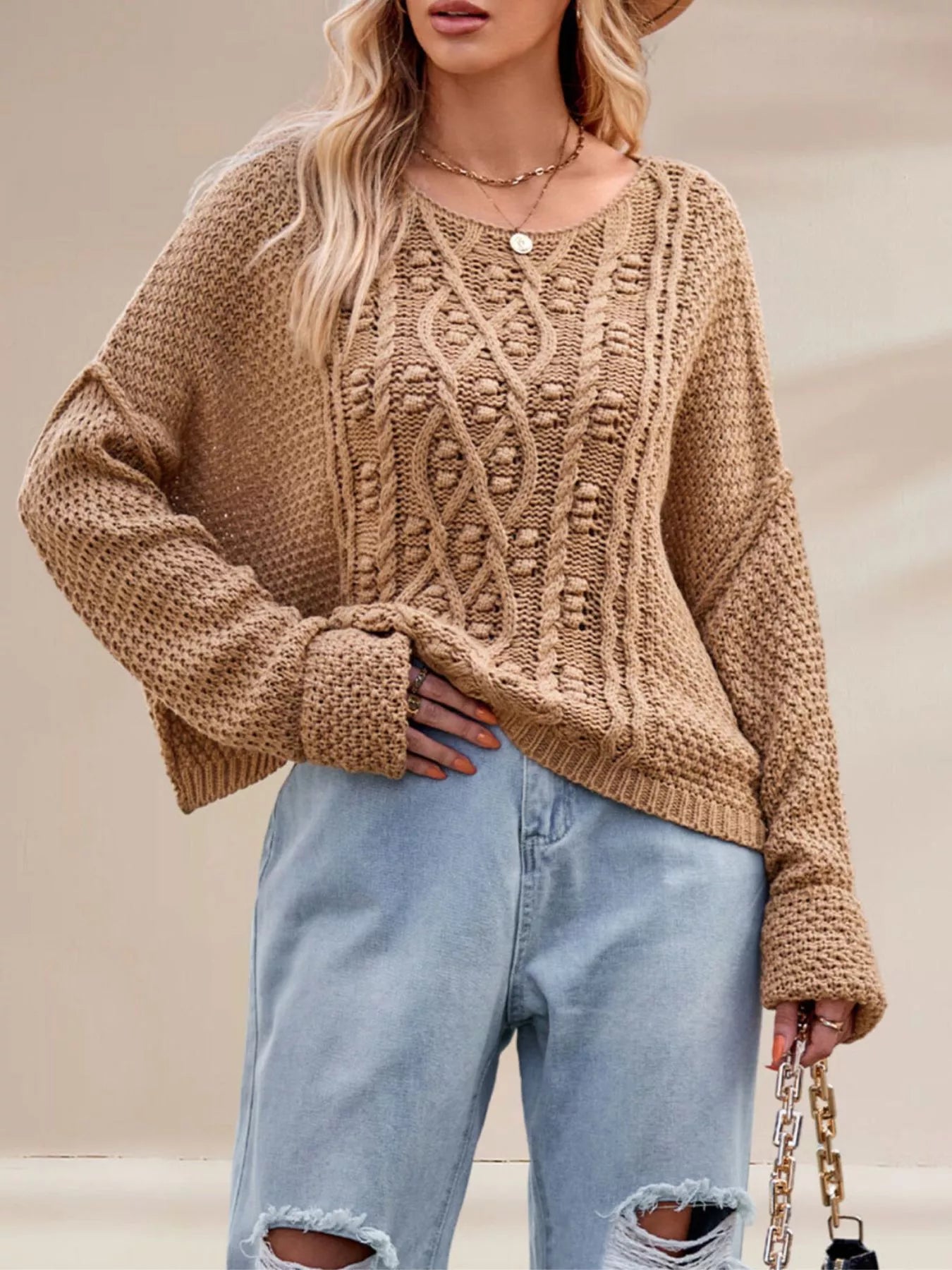 Trendsi Cable Knit Dropped Shoulder Sweater -
