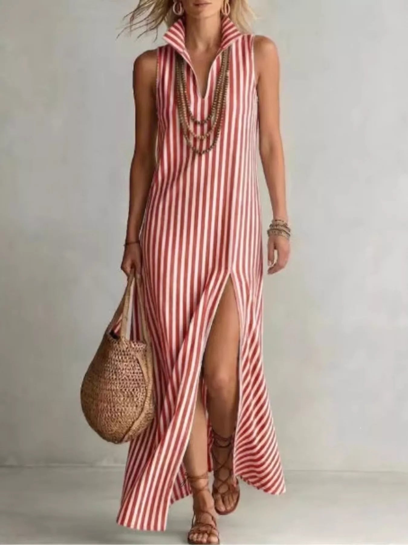 Trendsi Full Size Striped Maxi Dress with High Slit Plus Size -