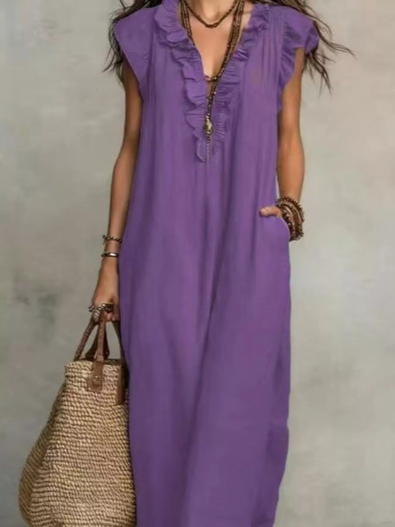 Trendsi Full Size Bohemian Ruffle Neck Maxi Dress Plus Size -