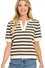 Trendsi Zenana Split Neck Stripe Short Sleeve Sweater -