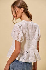 Trendsi SO ME Cotton Eyelet Front Tie Short Sleeves Blouse -