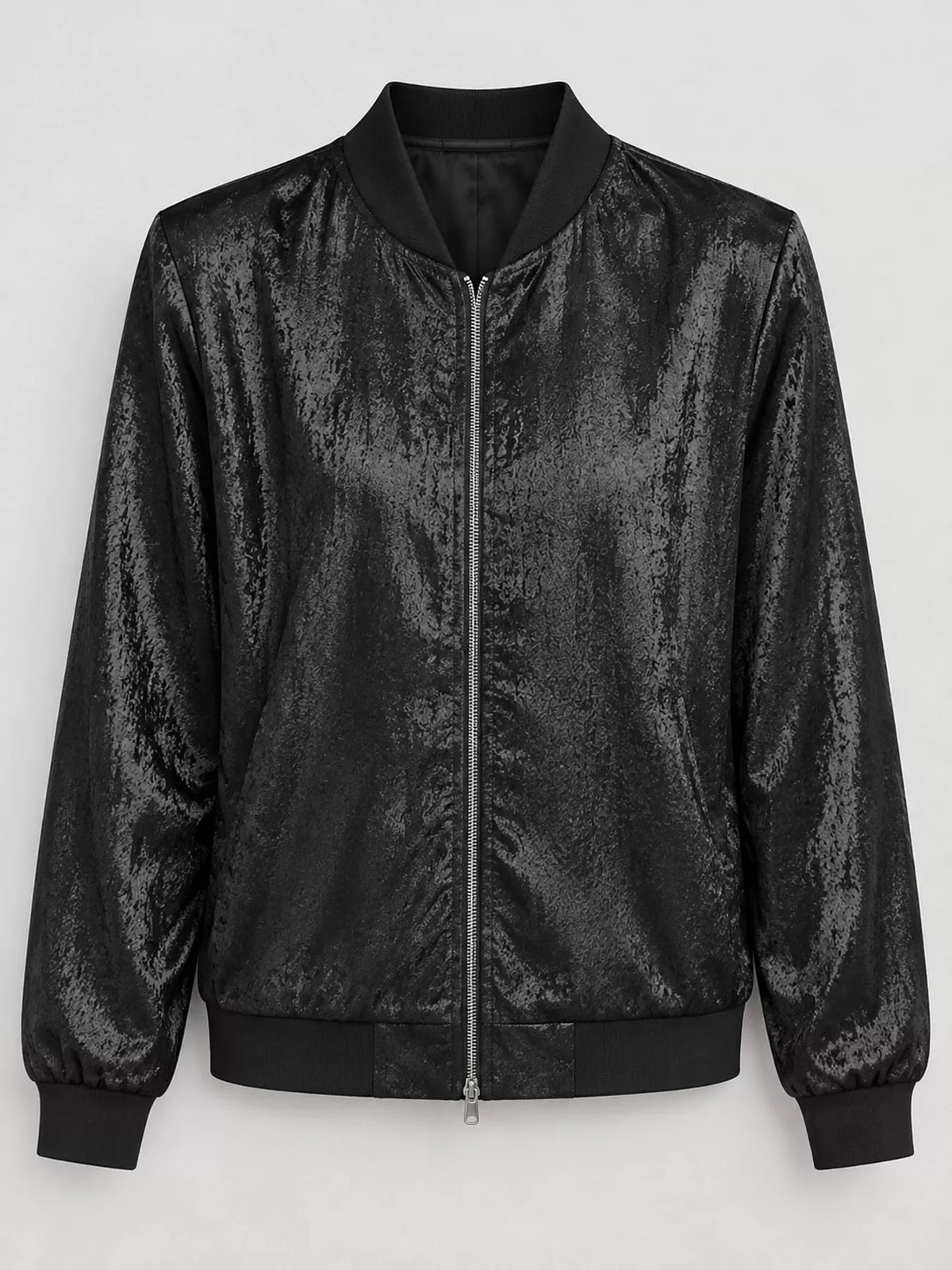 Zip-up bomber jacket, black metallic flat front