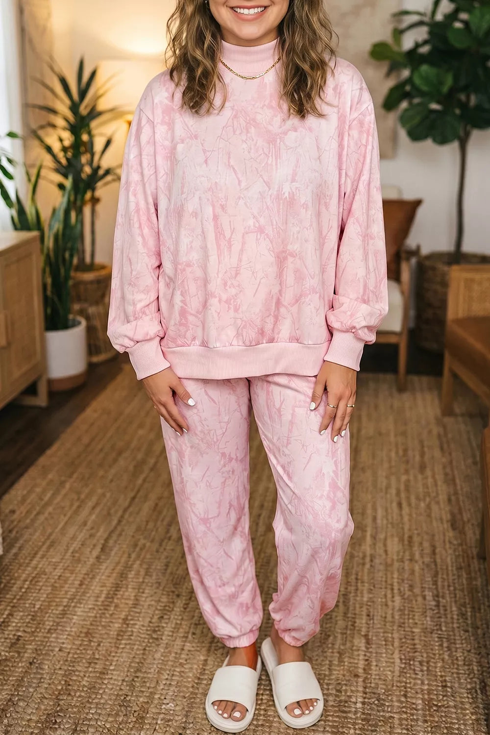 Pink camouflage top and pants set, front view