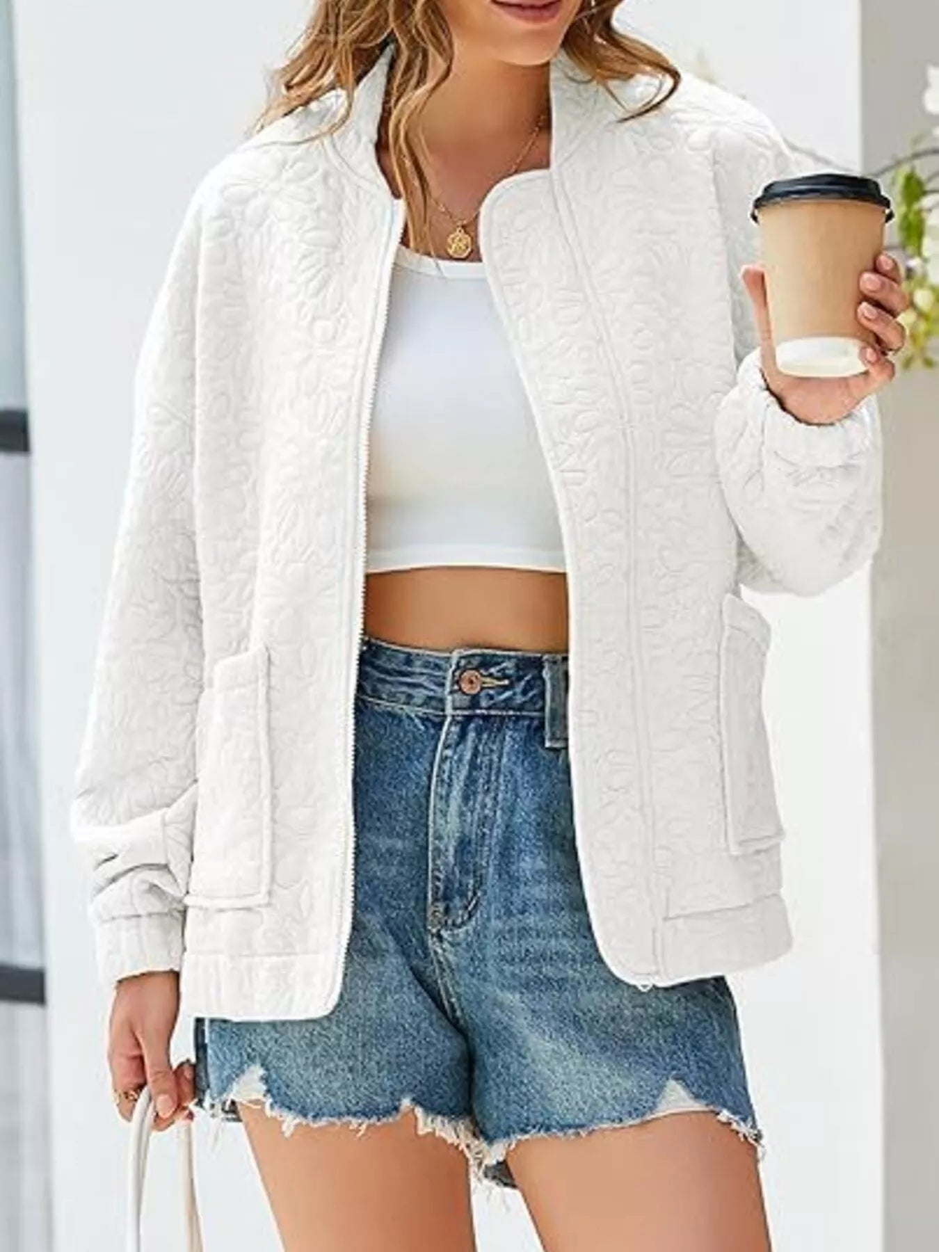 Trendsi Floral Quilted Zip Up Jacket -