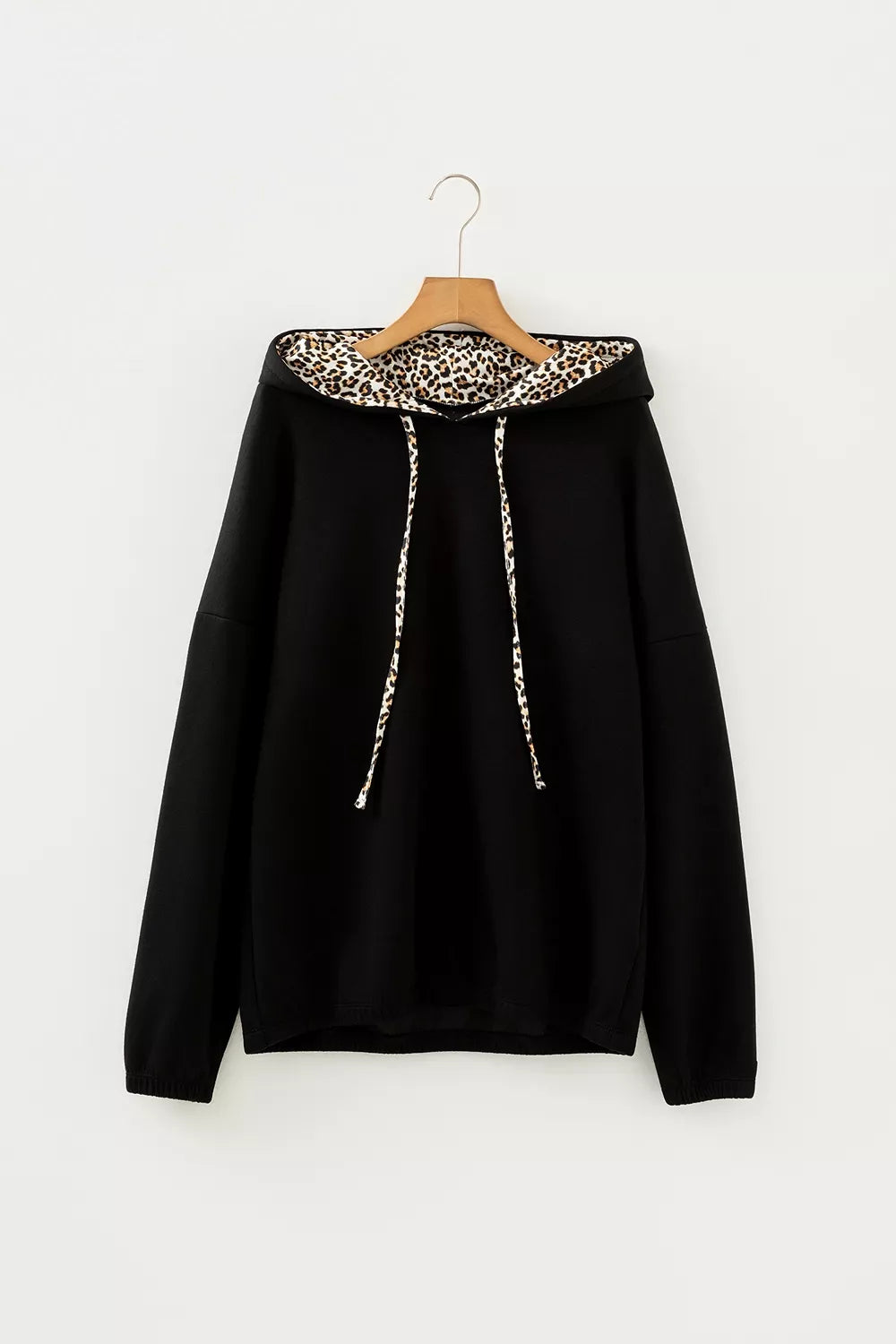 Trendsi Elastic Cuffs Leopard Contrast Drawstring Hoodie -