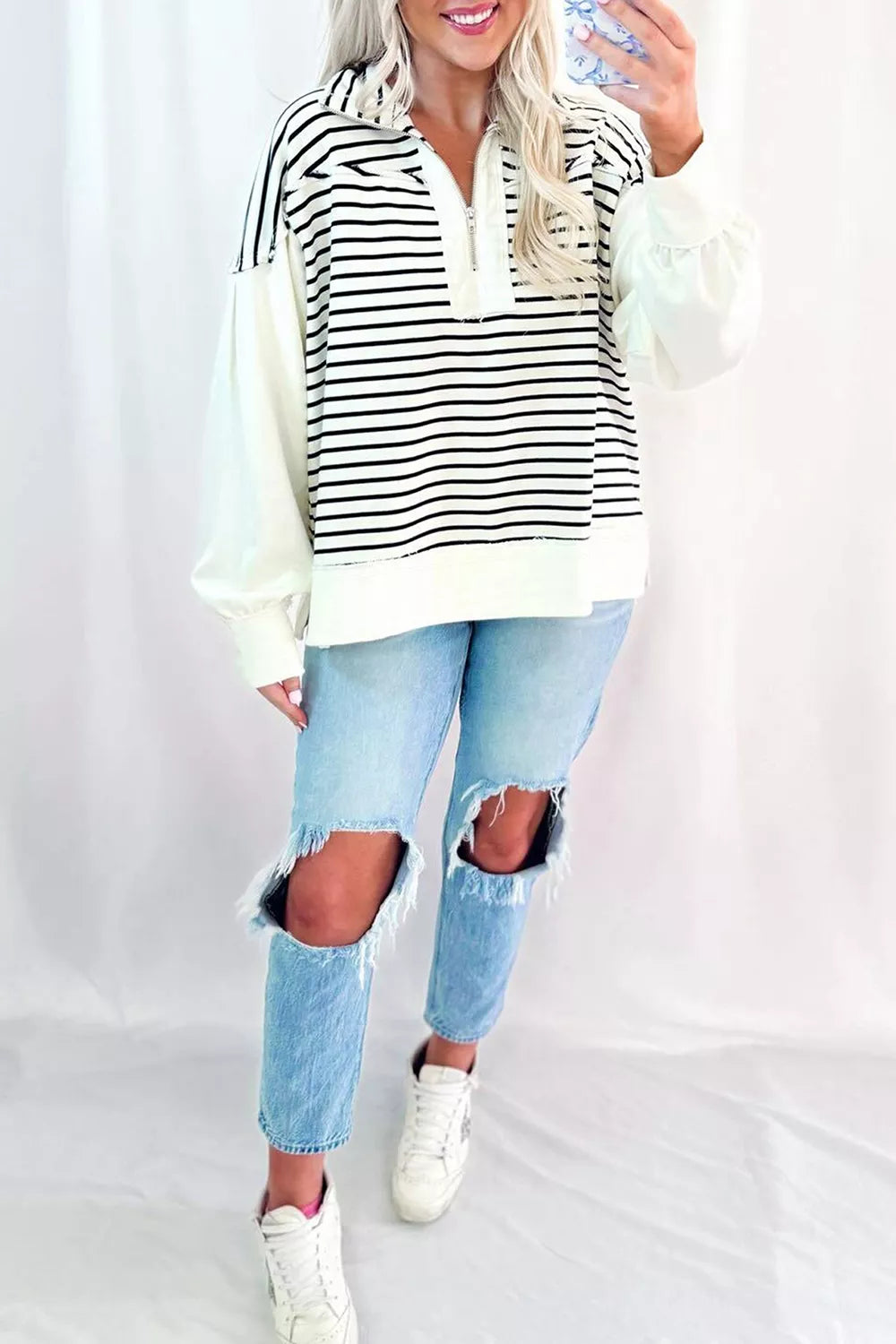 Trendsi Stripe Color Block Long Puff Sleeve Metal Zip-Up Collar Top -