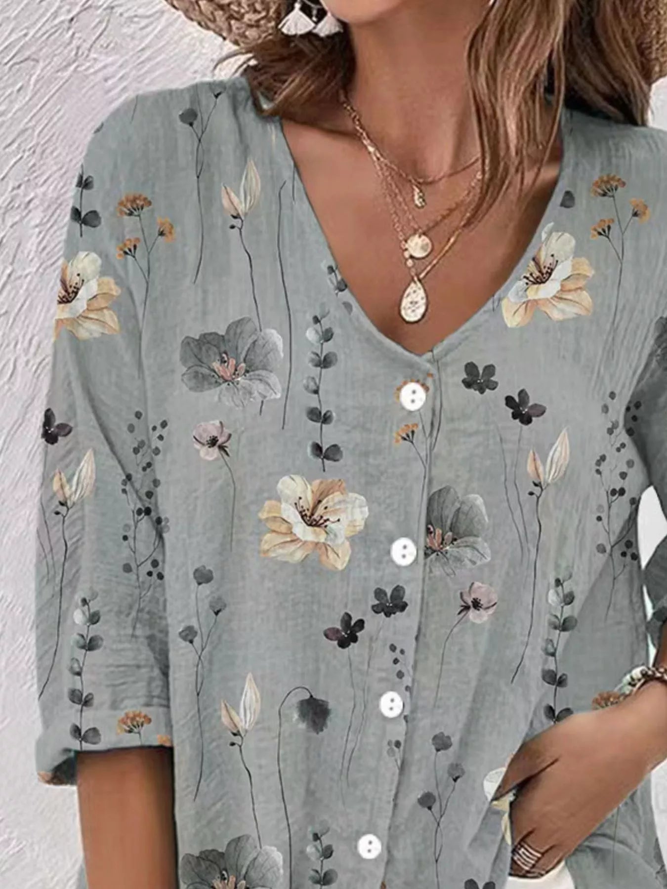 Trendsi Floral Print V-Neck Button-Down Shirt -
