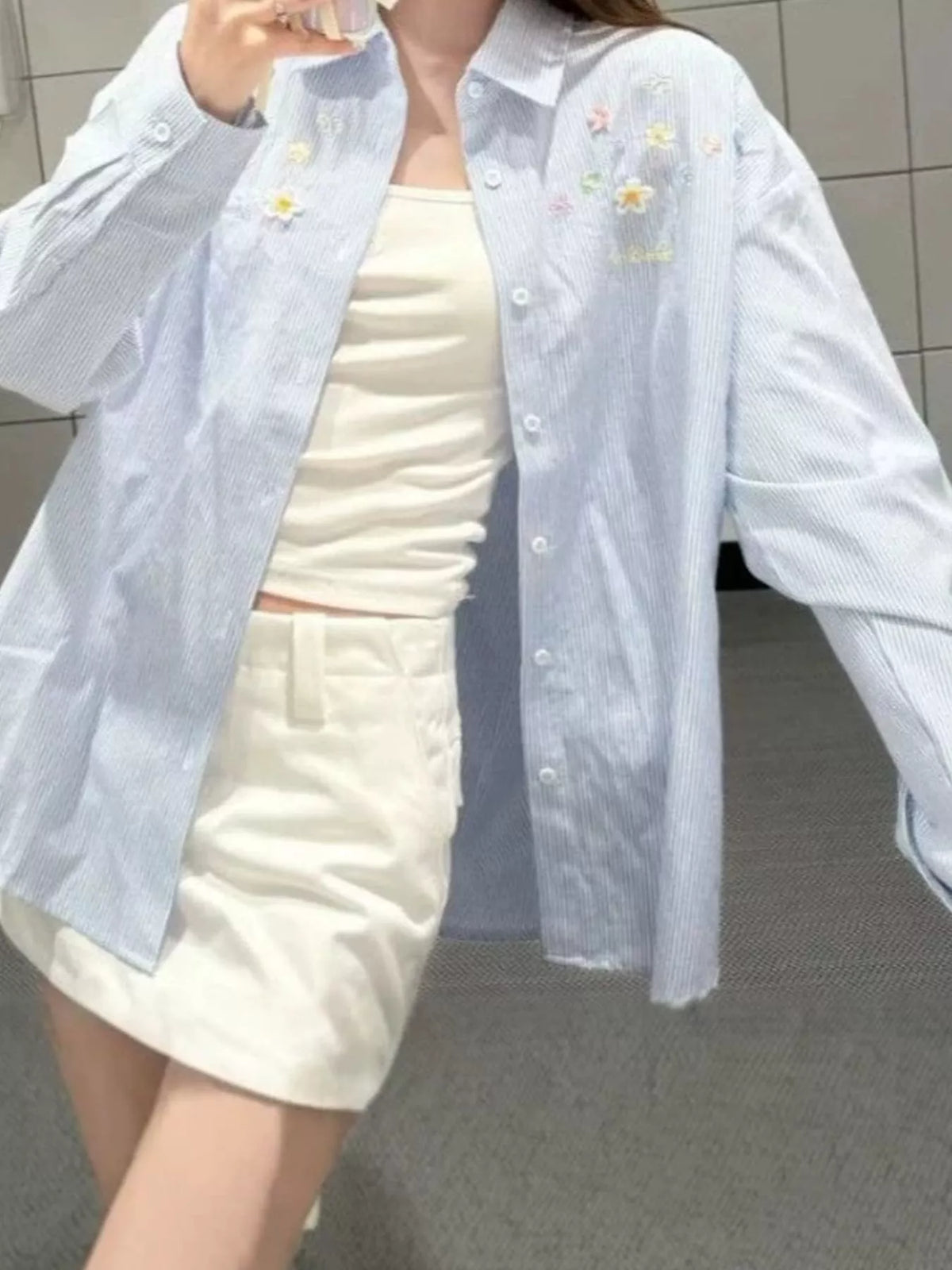 Striped Floral Embroidered Oversized Shirt in blue with floral embroidery and stripes