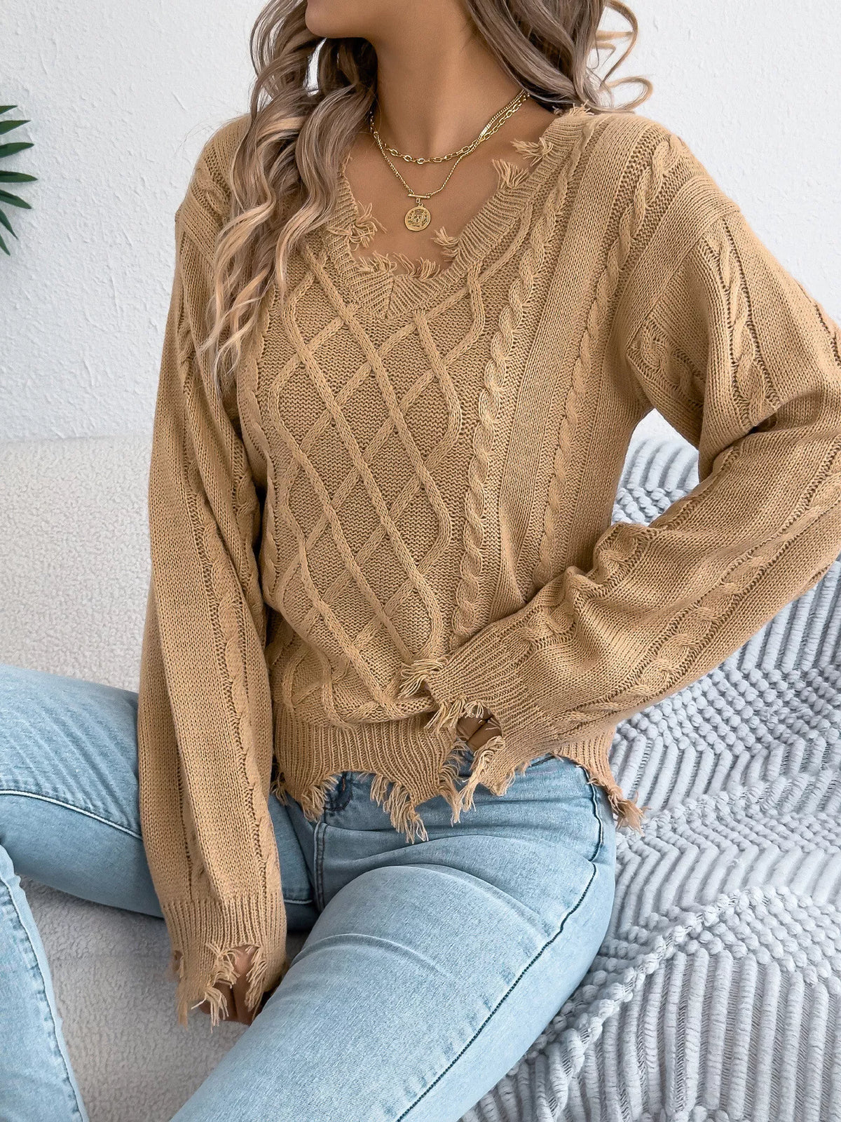 V-Neck Distressed Hem Cable Knit Sweater in camel, front view