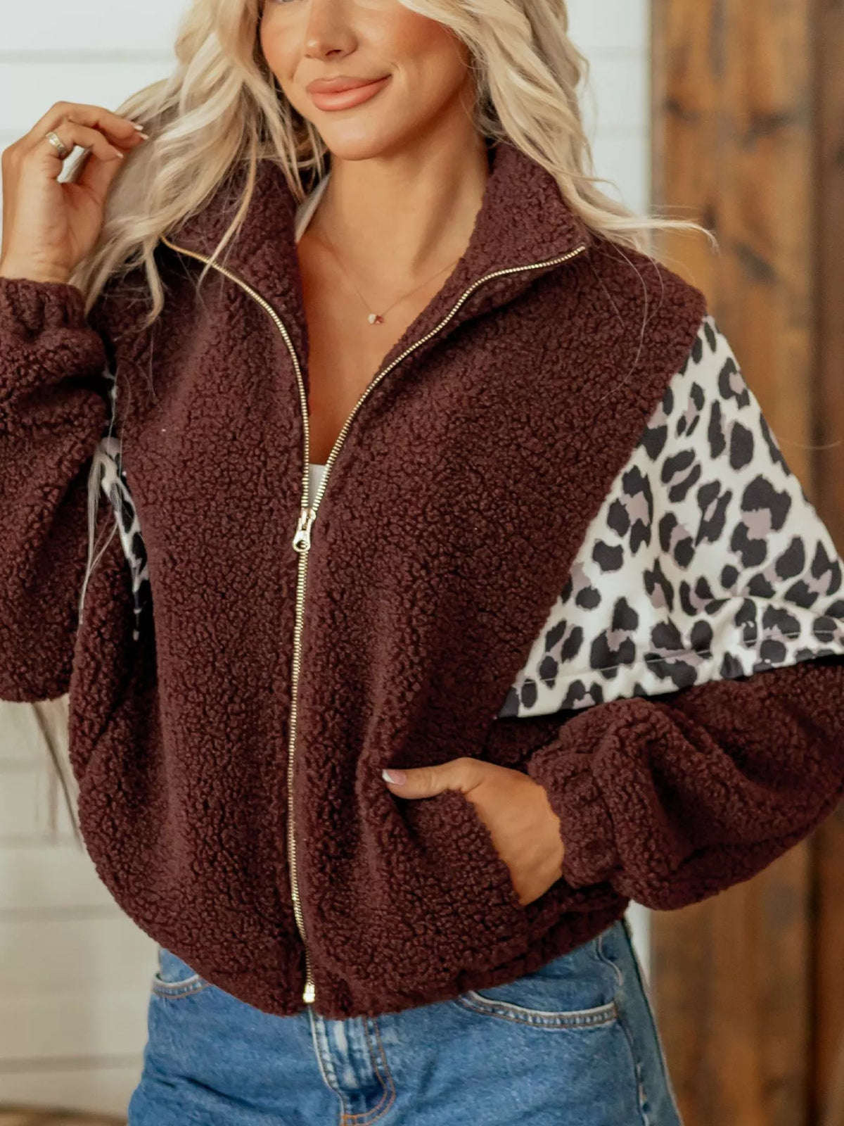 Leopard-patch fleece jacket, brown leopard jacket angled front