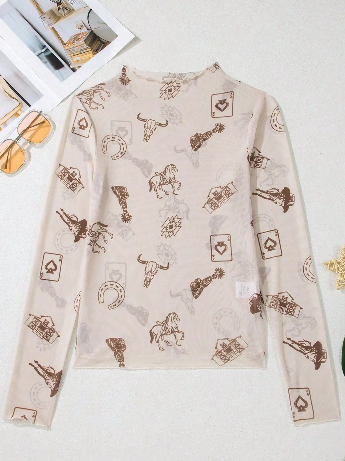 Trendsi Printed Mesh Long Sleeve Slim Fit Top -