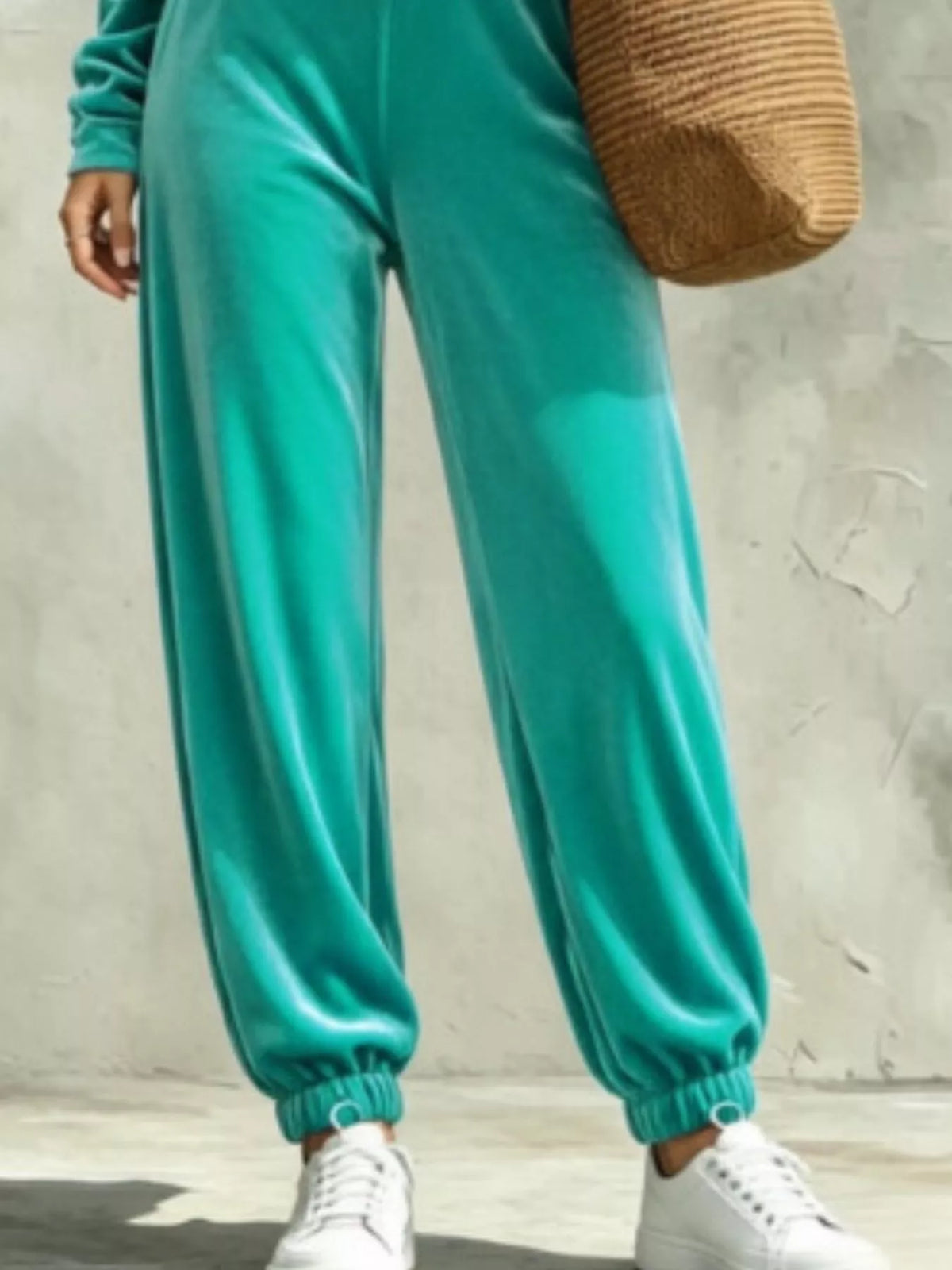 Turquoise velvet cowl neck top and pants set, pants and cuff detail