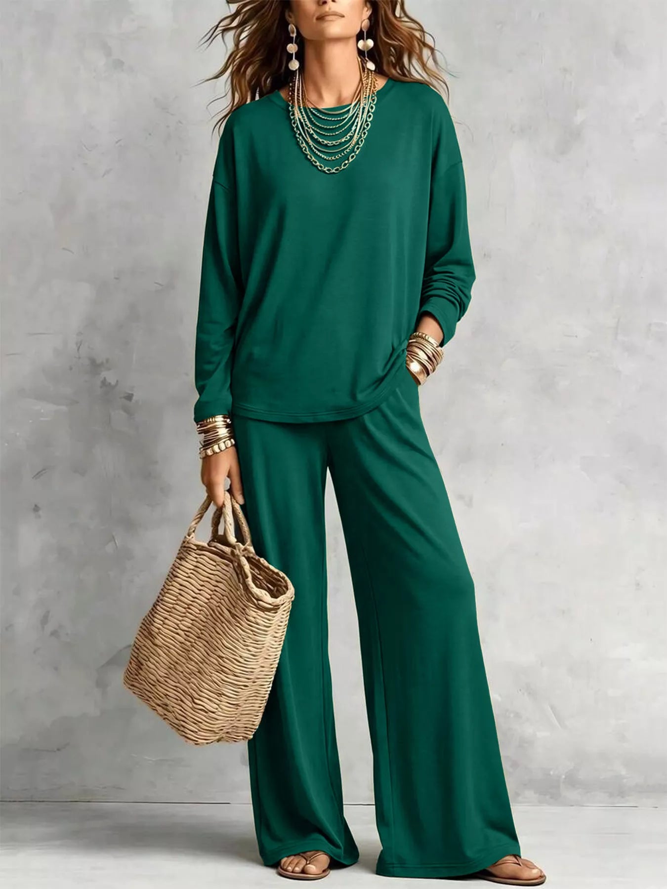 Trendsi Round Neck T-Shirt and Wide-Leg Pants Set -