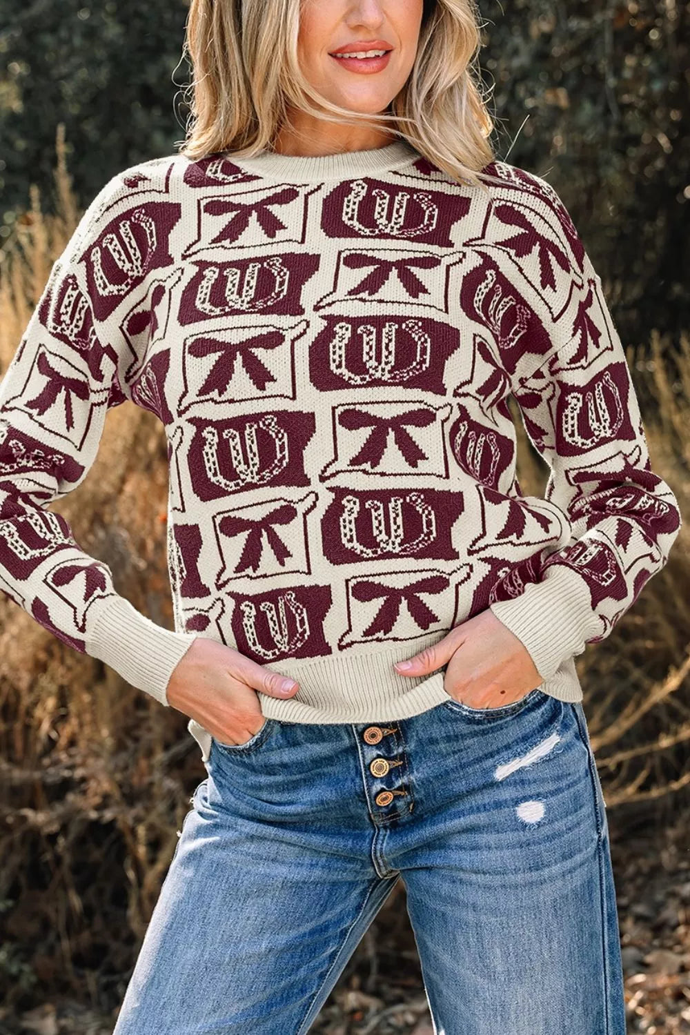 Trendsi Bows & Horseshoes Pattern Western Round Neck Sweater -