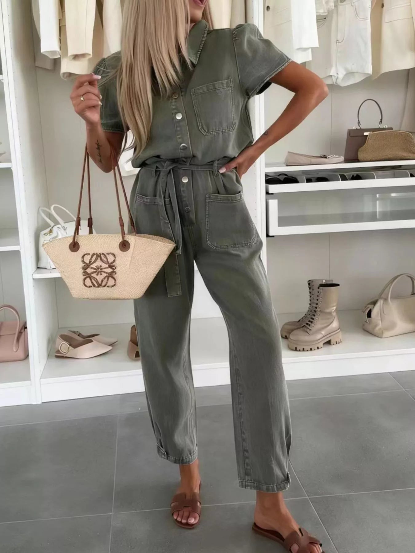 Trendsi Vintage Wash Short Sleeve Denim Jumpsuit -