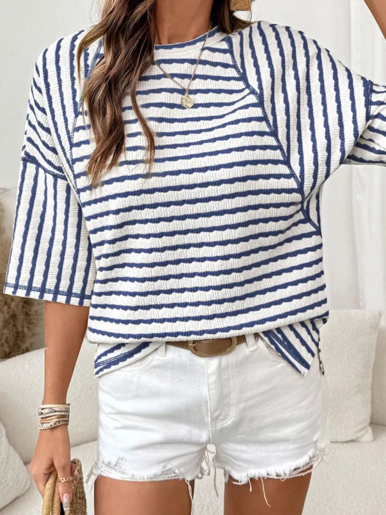 Trendsi Casual Striped Raglan Sleeve Textured T-Shirt -