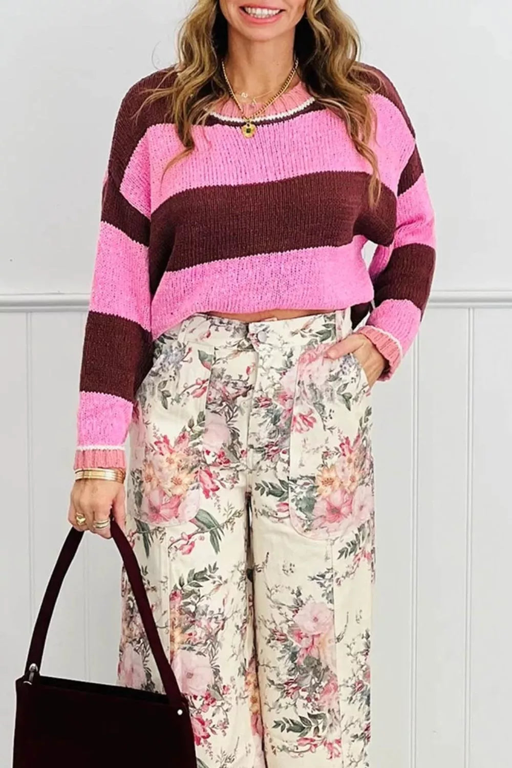 Trendsi Striped Drop Shoulder Long Sleeve Pullover Regular Fit Knit Sweater -