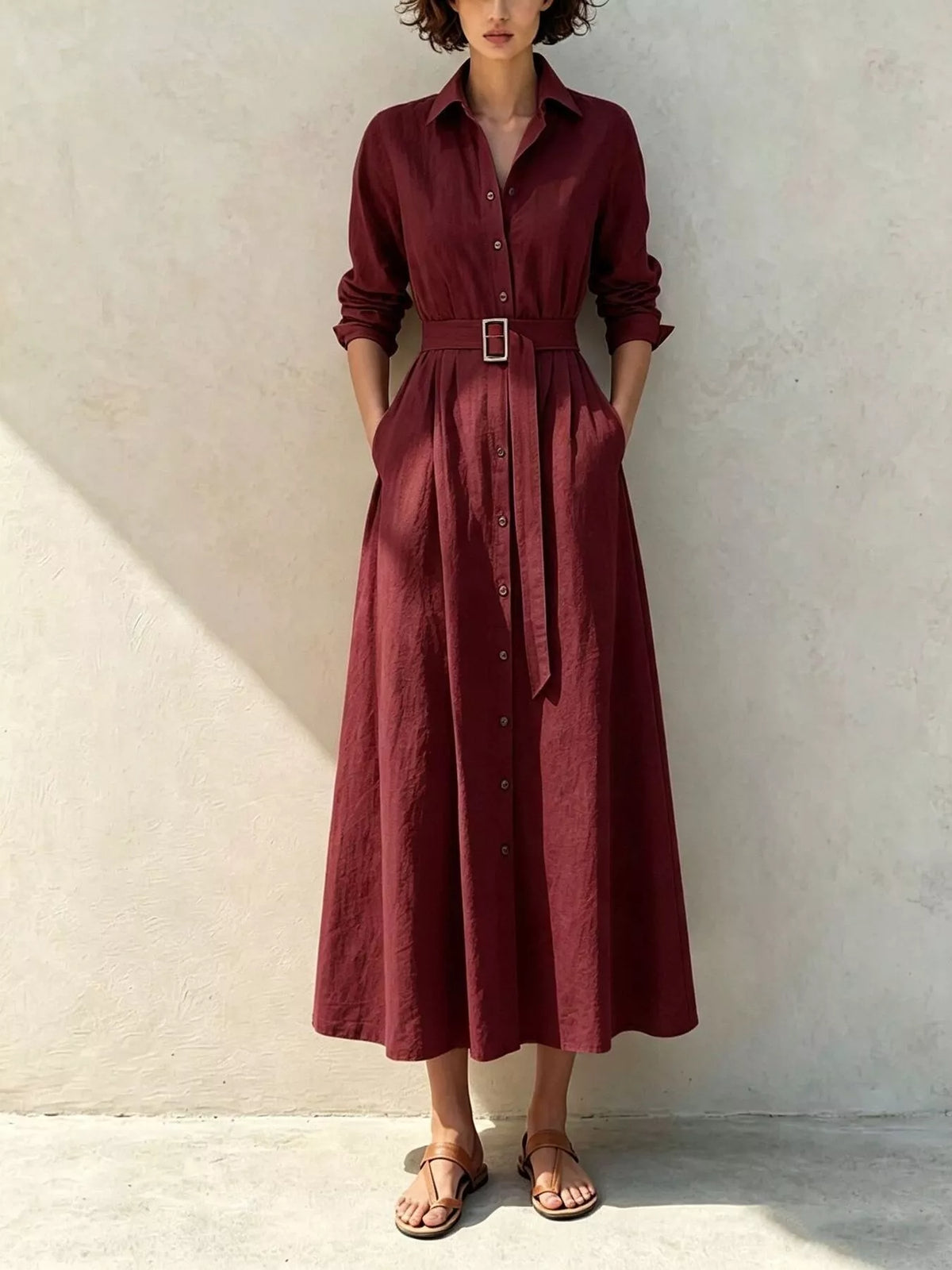Button-Down Midi Shirt Dress with Pockets, front view