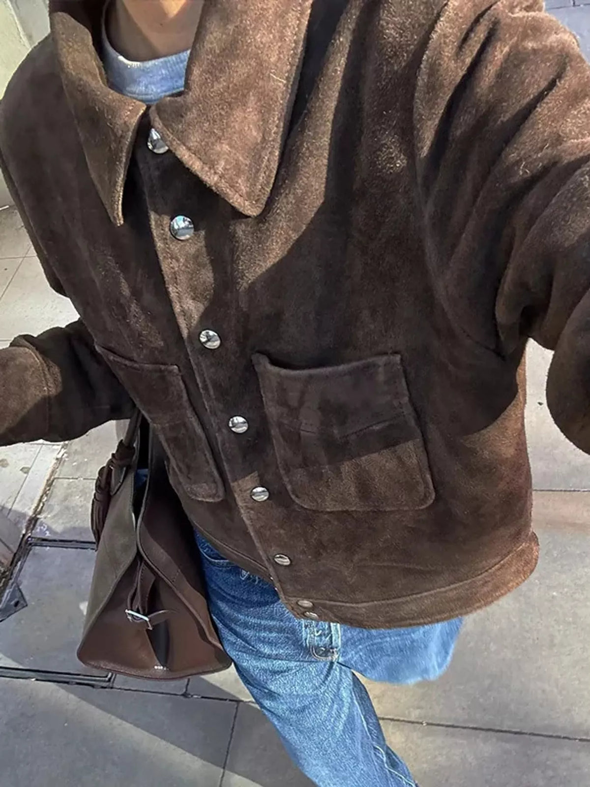 Brown-Turn-Down Collar Single-Breasted Suede Jacket vintage style suede button-down jacket