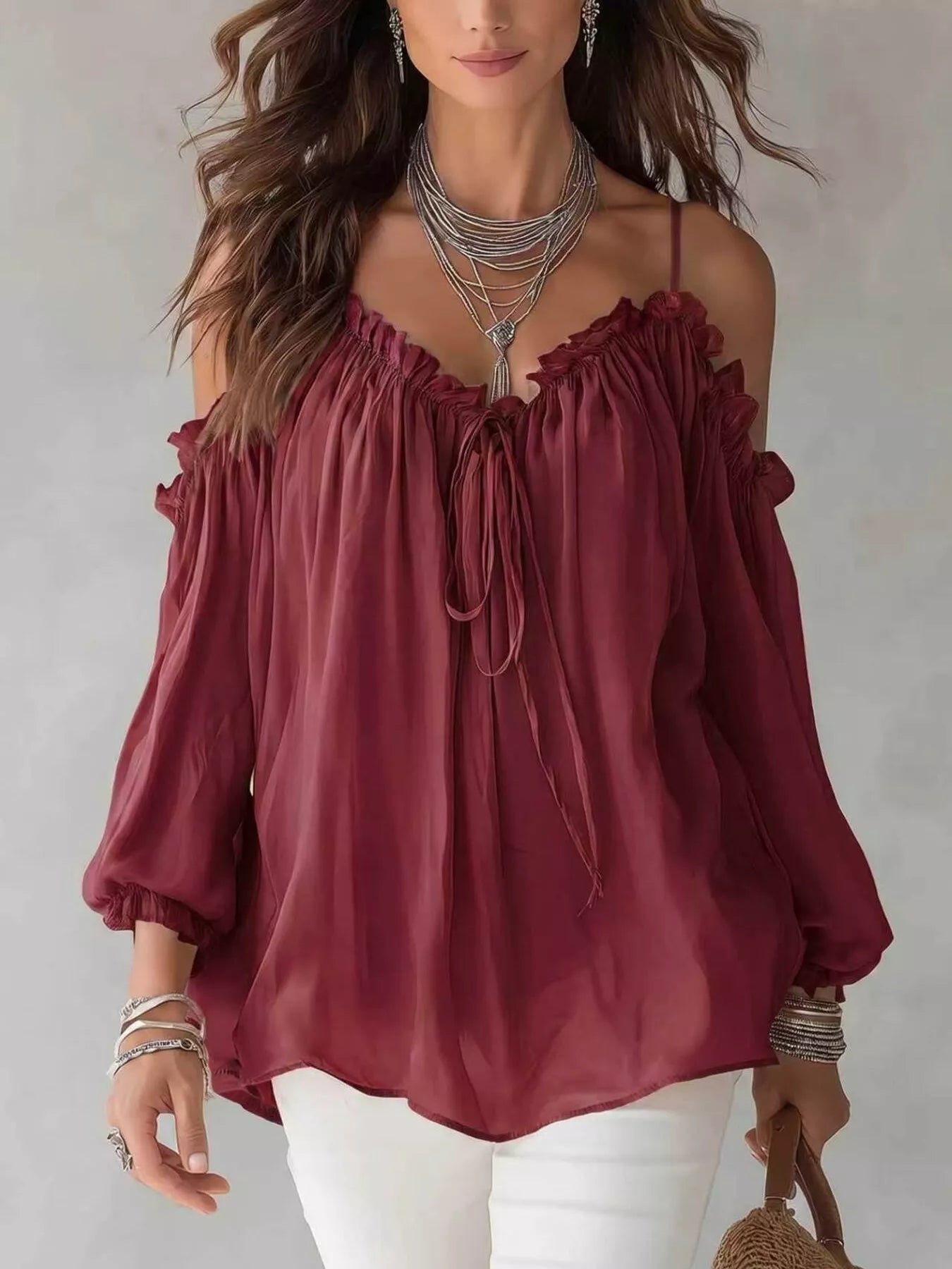 Trendsi Frill Spaghetti Strap Tie Front Blouse -
