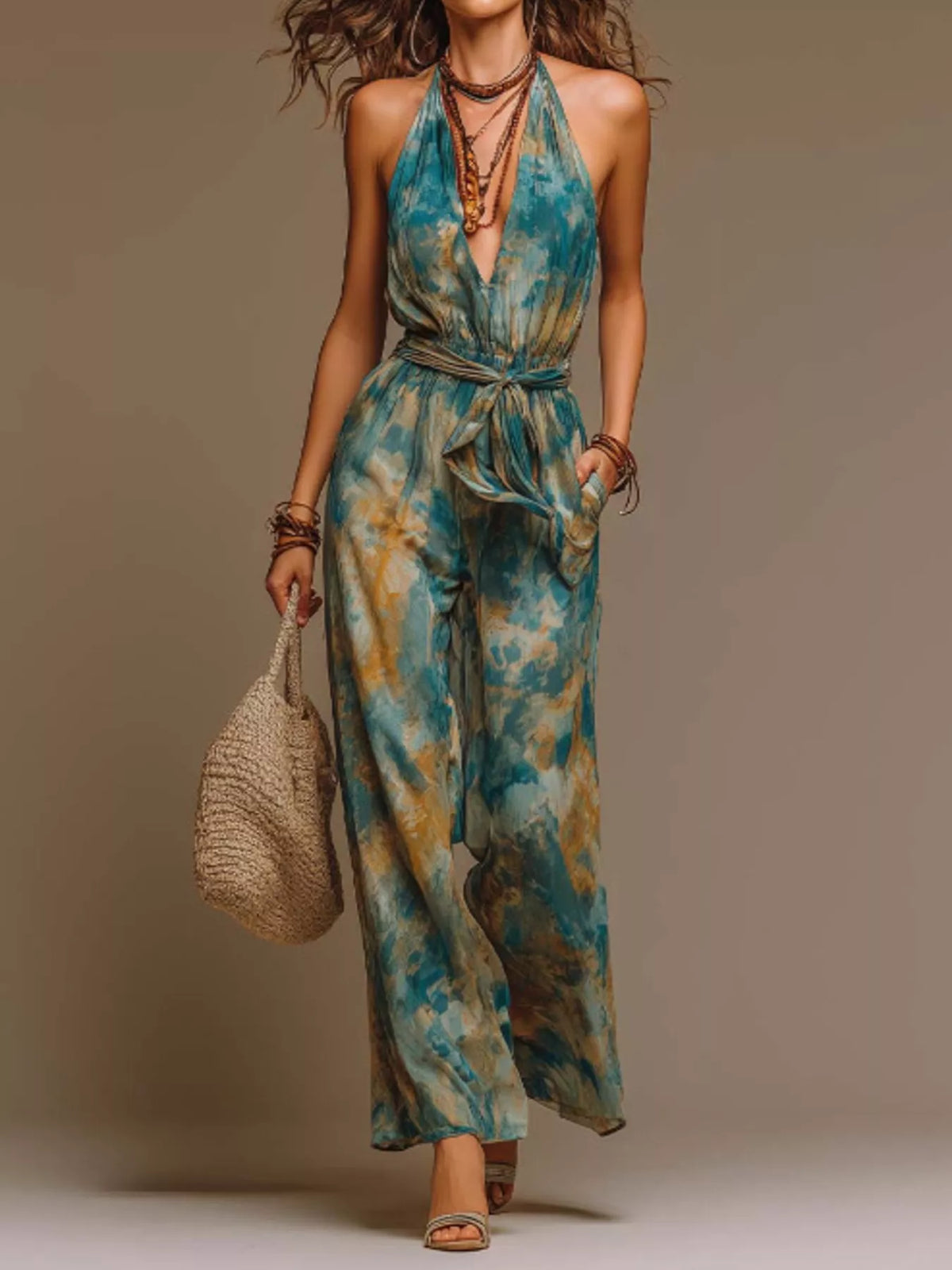 Teal tie-dye halter wide-leg jumpsuit, full front view.