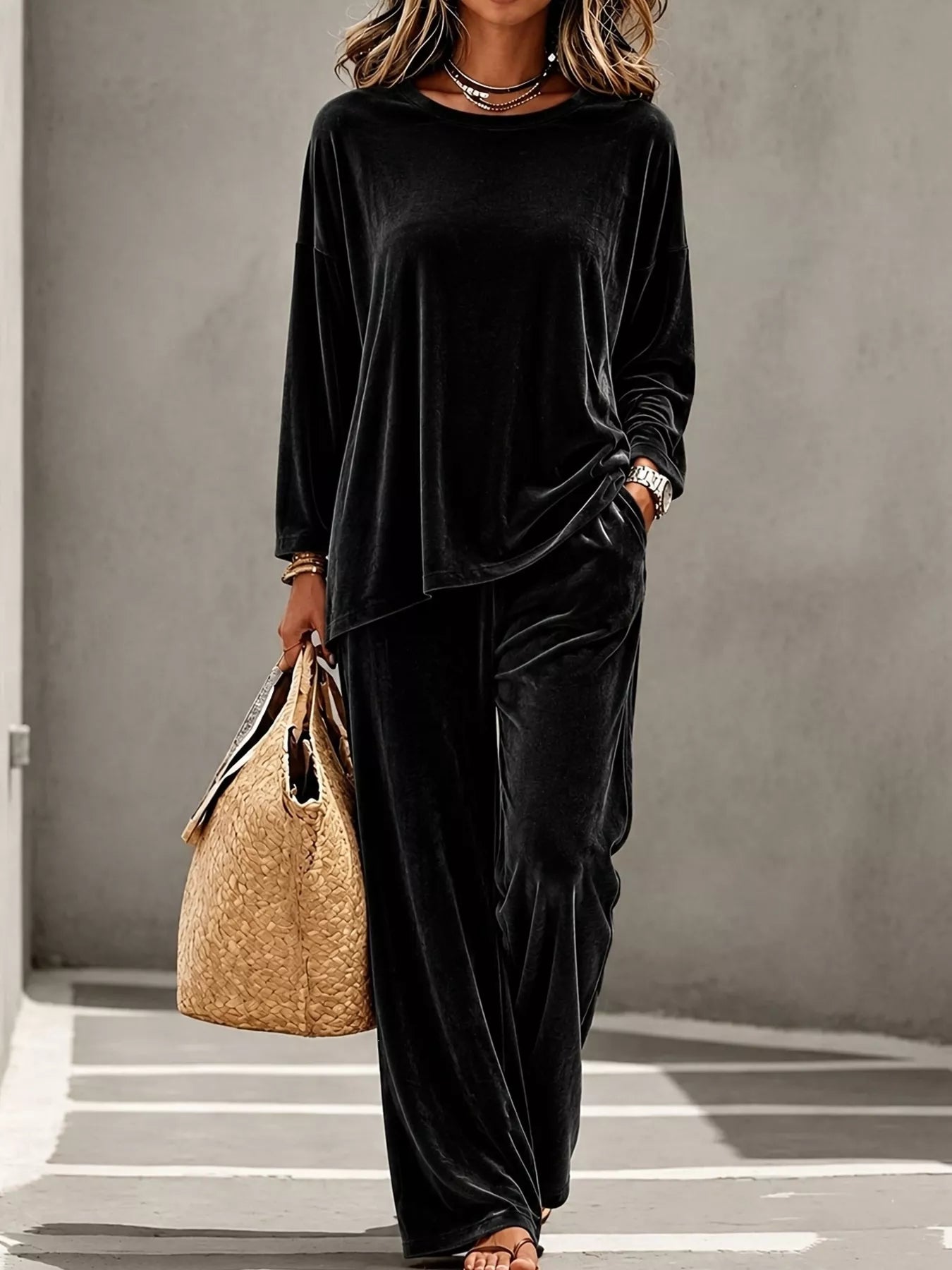 Trendsi Full Size Velvet Long Sleeve Top and Pants Set Plus Size -