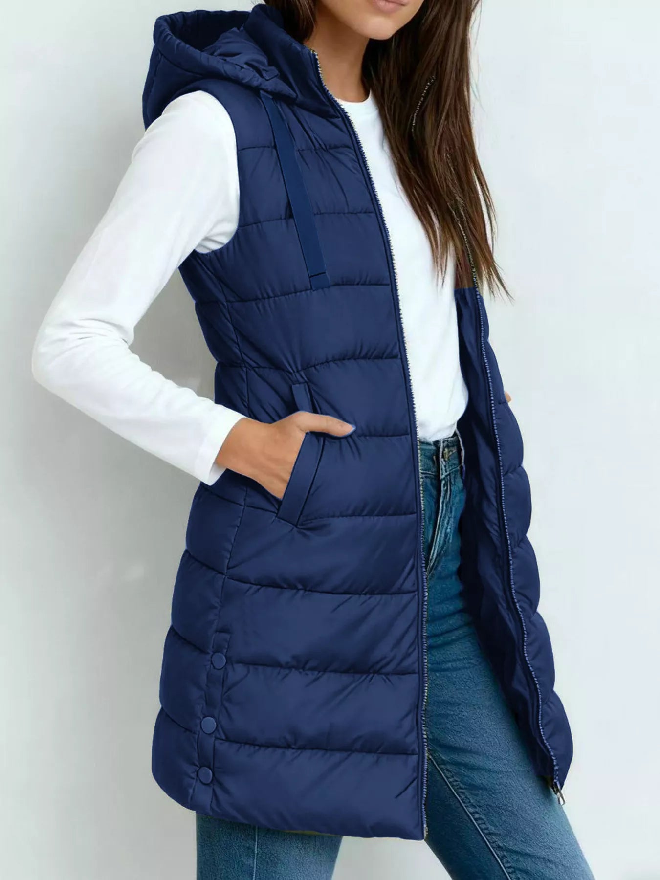 Trendsi Zip Up Longline Hooded Puffer Vest Coat -