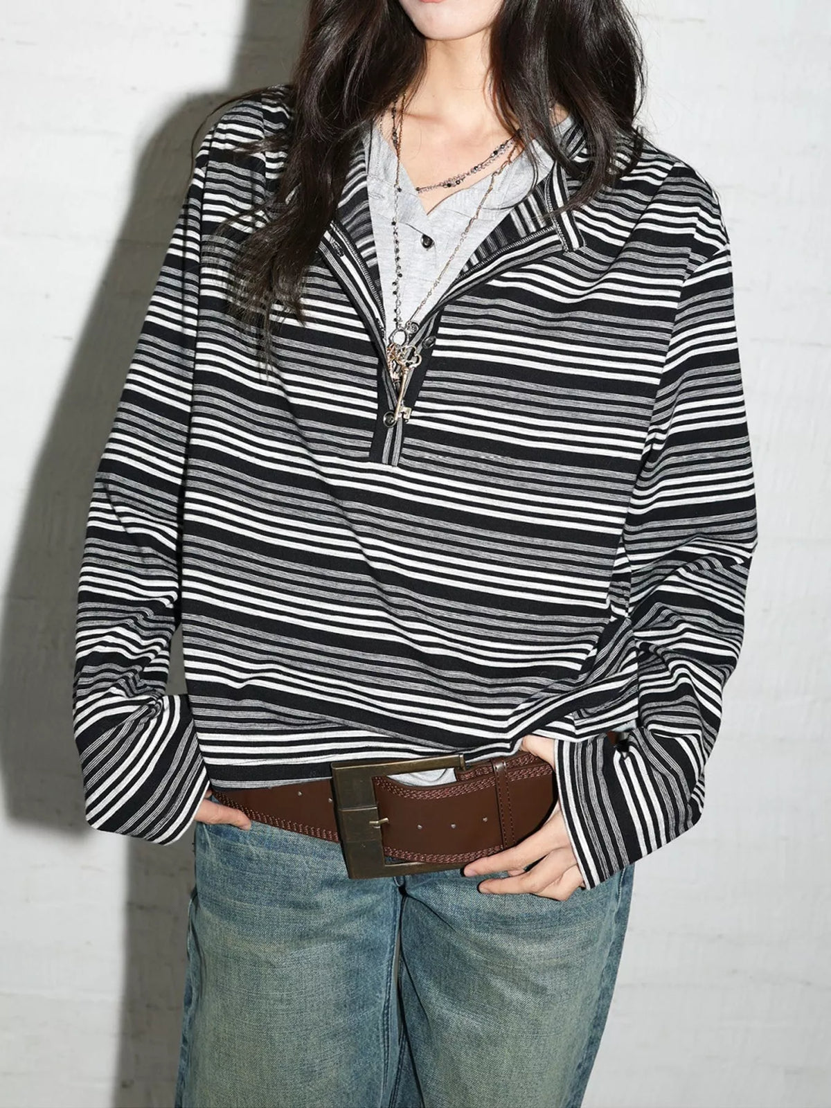 Black and white striped long sleeve quarter-zip T-shirt