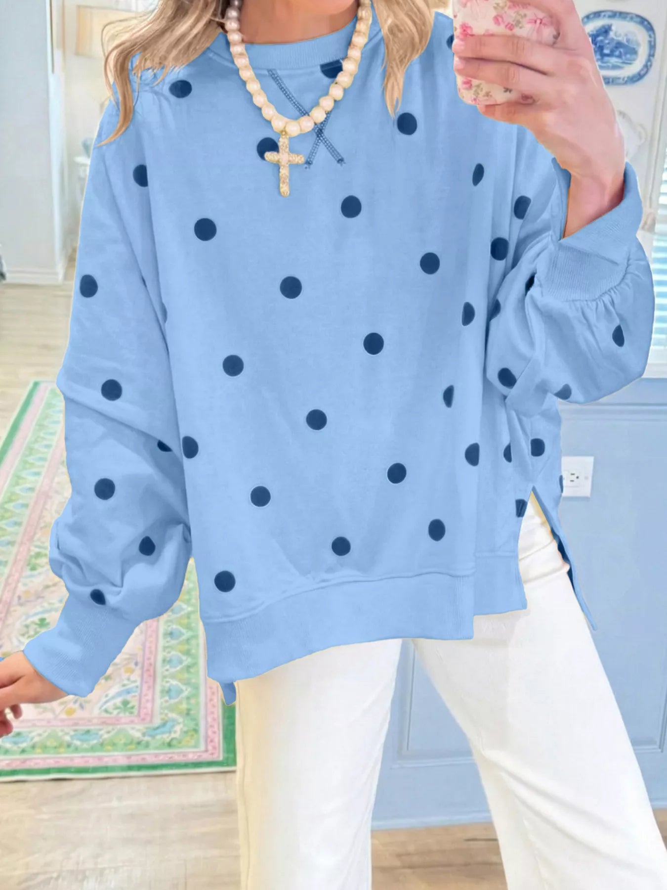 Trendsi Side Slit Polka Dot Oversized Sweatshirt -