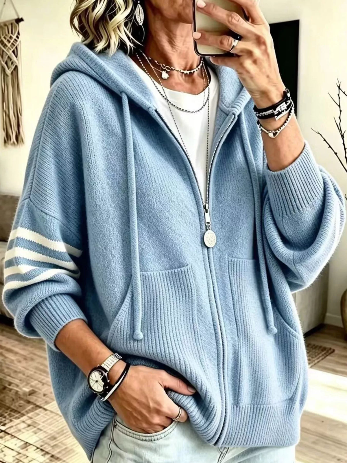 Light Blue hooded zip-up knit cardigan