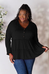 Trendsi Double Take Half Button Long Sleeve Ruffle Hem Blouse - Pants