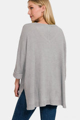 Trendsi Zenana Waffle Knit V-Neck Long Sleeve Slit Top -