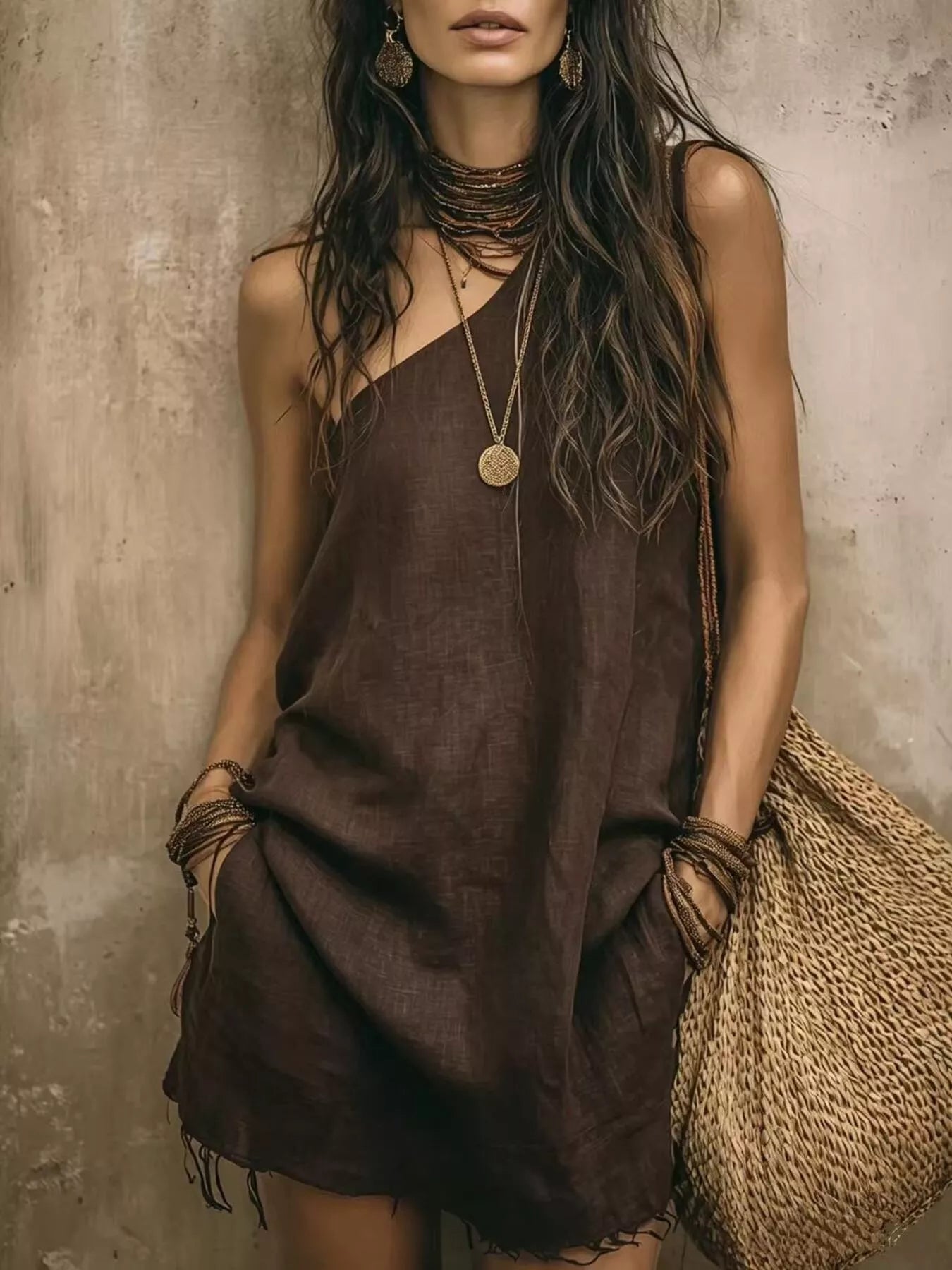 Trendsi One-Shoulder Mini Dress with Frayed Hem -