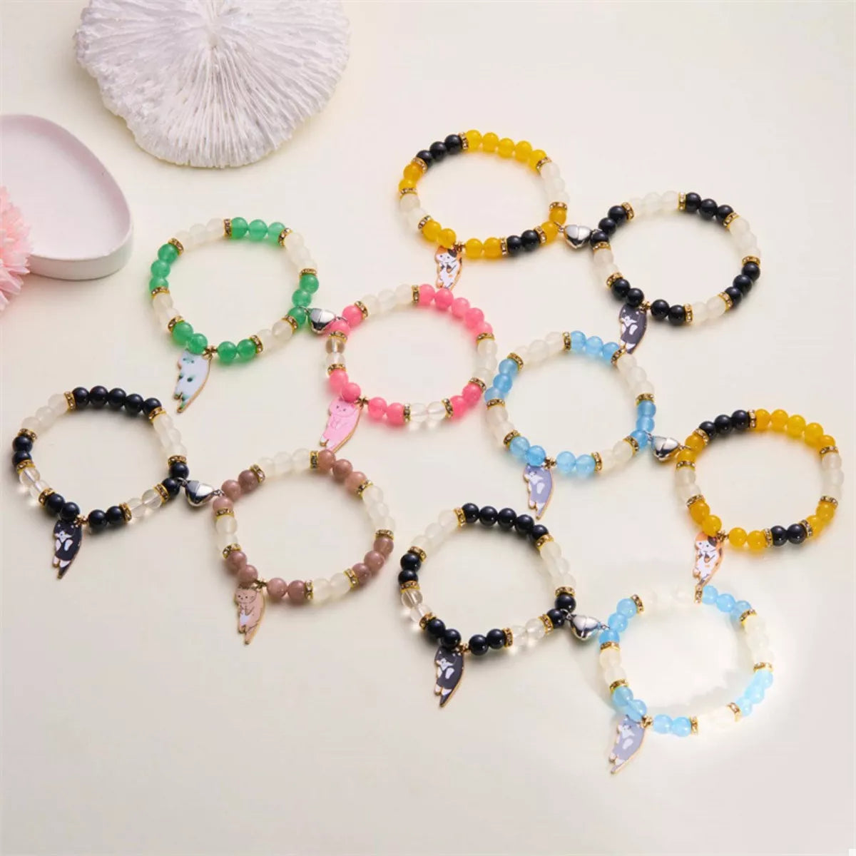 Trendsi 2 Piece Beaded Cat Charm Bracelet -