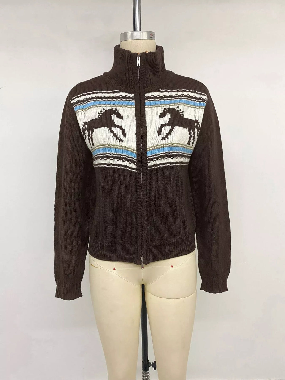 Brown horse zip-up cardigan, front on mannequin