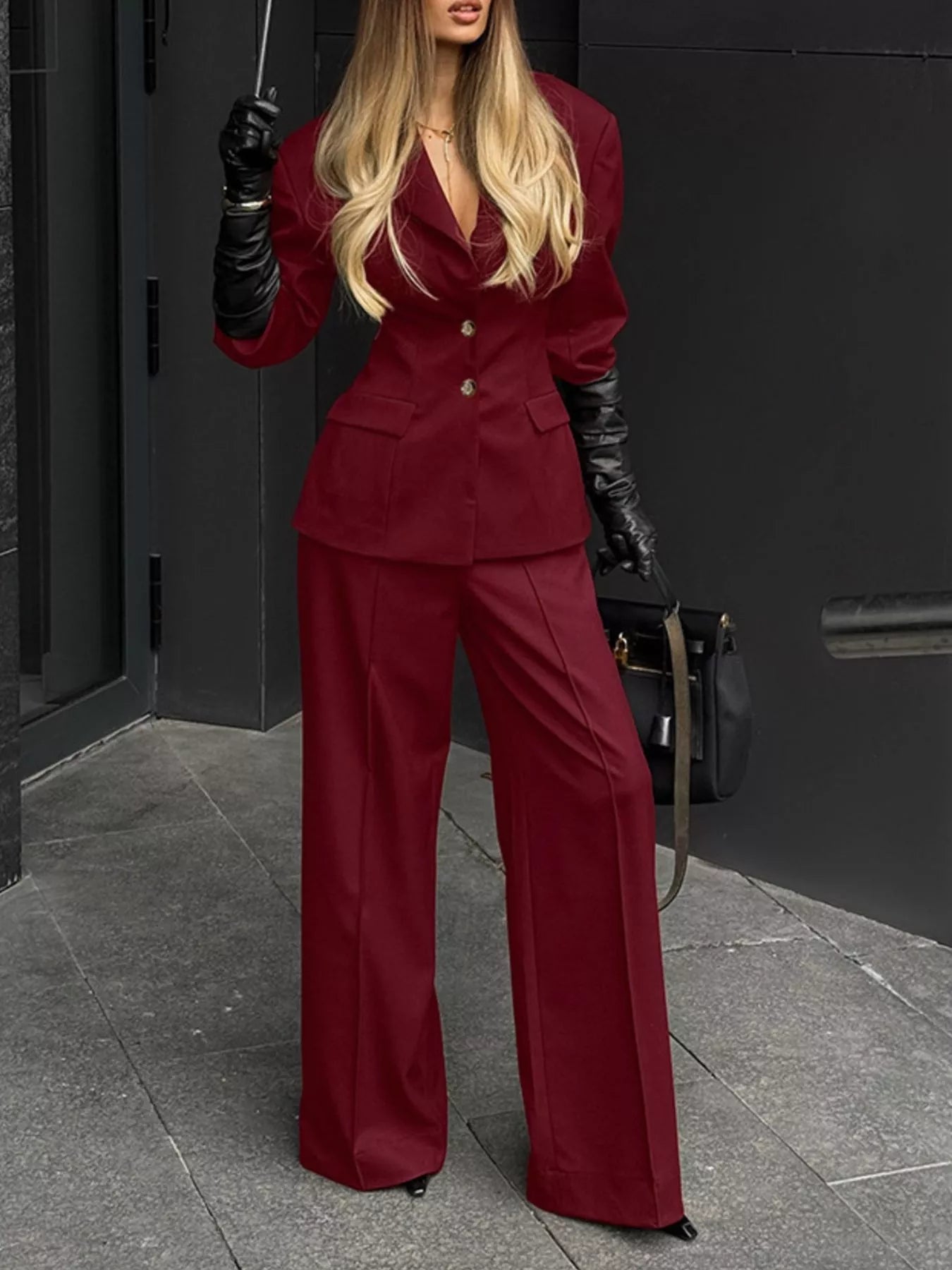 Trendsi Lapel Collar Blazer and Wide-Leg Pants Set -